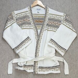 Glamour Knit Vintage Fair Isle Cardigan Sweater White Brown Geometric Belted M